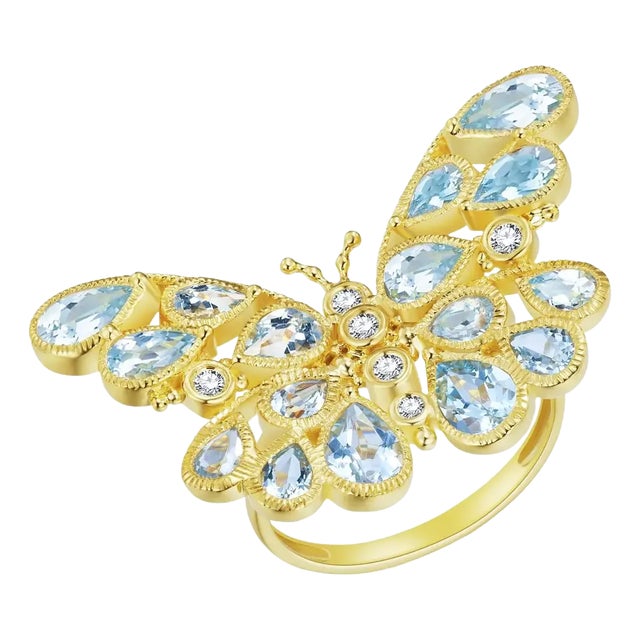 Nina Zhou Butterfly Aquamarine Diamond Cocktail Ring in 14k Yellow Gold, size 9.5 For Sale