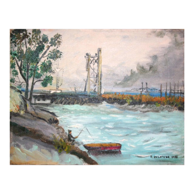 Mid Century Fishing Coyote Point San Francisco Bay by Ruth Garber Hulstede For Sale