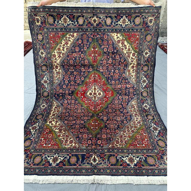 Hand-Knotted Navy Blue and Red Tabriz Medallion Wool Area Rug,6'8 X 5'1' For Sale - Image 6 of 13