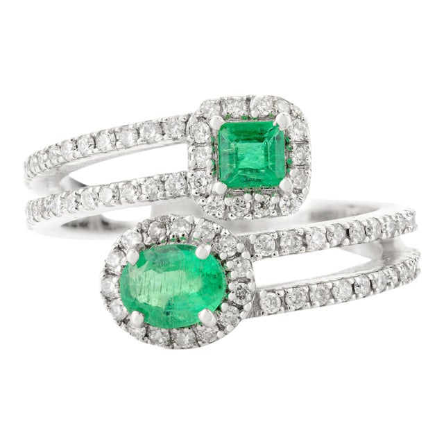 Two Stone Emerald & Chunky Diamonds Bypass Ring Size 7 For Sale