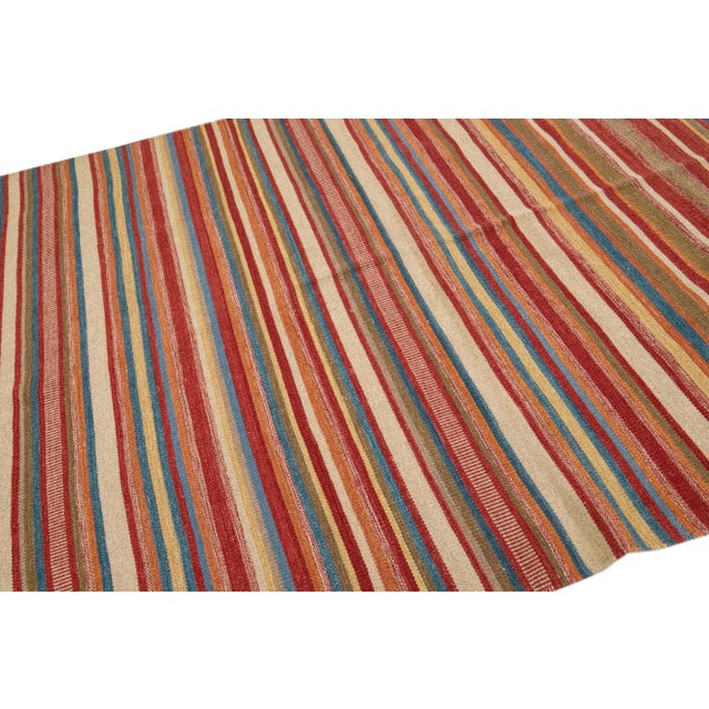 2020s Modern Kilim Handmade Multicolor Stripe Wool Rug For Sale In New York - Image 6 of 7