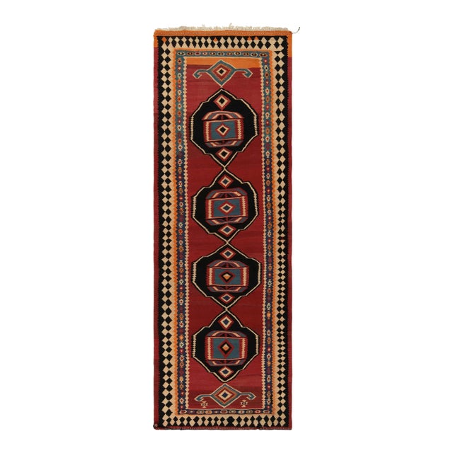 Vintage Kurdish Kilim Rug in Red With Black and Blue Tribal Medallion Patterns For Sale
