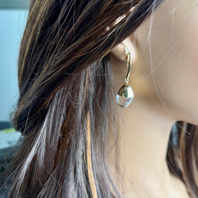 Gold Emporio Armani Vintage 18k Gold and Crystal Pendant Hoop 1.64 Inch Long Earrings, Set of 2 For Sale - Image 8 of 12