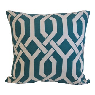 Teal & White Lattice Print Cotton Pillow For Sale