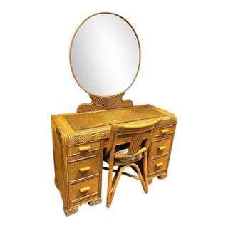 Restored Art Deco Stick Reed Rattan Vanity W/ Round Mirror & Stool For Sale