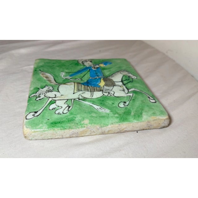 Figurative Antique Hand Painted Middle Eastern Equestrian Hunter Pottery Majolica Wall Tile For Sale - Image 3 of 10