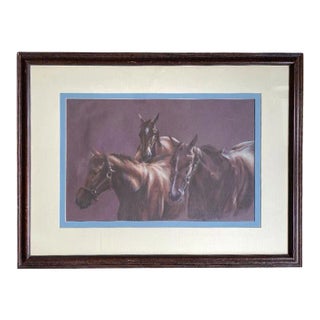 Large Framed Equine Horse Portrait Drawing of Horses in Brown Pencil Pastel For Sale