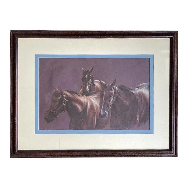 Large Framed Equine Horse Portrait Drawing of Horses in Brown Pencil Pastel For Sale
