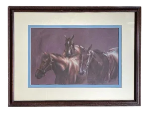 Large Framed Equine Horse Portrait Drawing of Horses in Brown Pencil Pastel