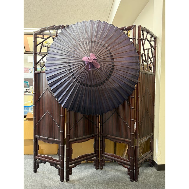 Antique Japanese Snake-Eye Umbrella (Wagasa) With Bamboo Ribs and Lacquered Paper For Sale - Image 13 of 16