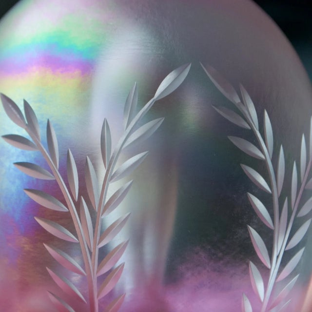 Glass Joe St. Clair Iridescent Glass Kewpie Doll Sulfide Paperweight – Etched Triple Cut Window, Pink Cloud For Sale - Image 7 of 8