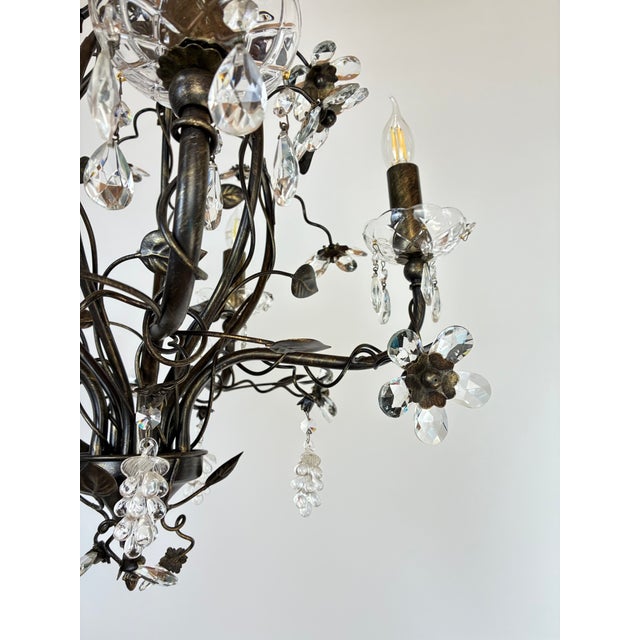 Large Vintage 1990s Wrought Iron Floral Chandelier With Crystal Flowers & Grape Details For Sale - Image 12 of 18