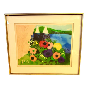 1970s Marcelle Simone Stoianovich Parisian Artist Signed Lithograph Print Flowers and Sailboats