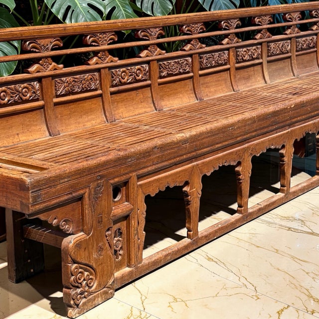 Rare 18th Century Chinese Carved Elm Long Opera Bench For Sale - Image 4 of 12