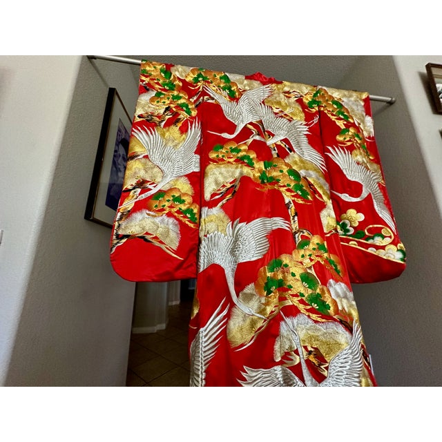 Red Vintage Red Brocade With Flying Cranes Japanese Ceremonial Kimono For Sale - Image 8 of 18