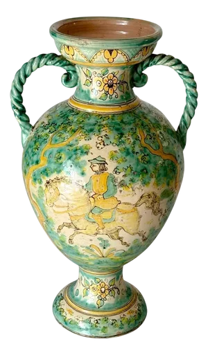 Large Italian Ceramic Vase in Green and Yellow Knight, 1970s