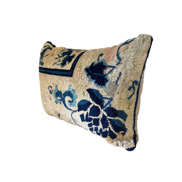 19th Century Custom Made Lumbar Pillow W/Antique Chinese Rug Fragment 18 "W For Sale - Image 5 of 6