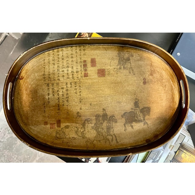 Exquisite painted with Chinoiserie motif oval shaped decor/serving wood tray.