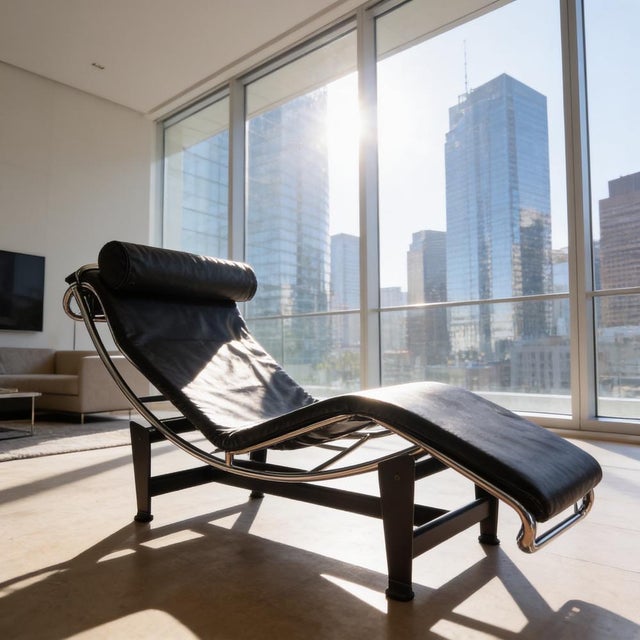 Italian-made chaise longue Chromed metal and black leather In the Cassina LC4 Le Corbusier style Length approximately 160...