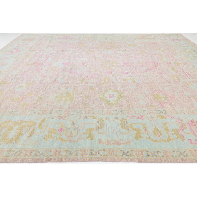 Contemporary Pink Contemporary Oushak Style Wool Rug Handmade With Floral Design For Sale - Image 3 of 11
