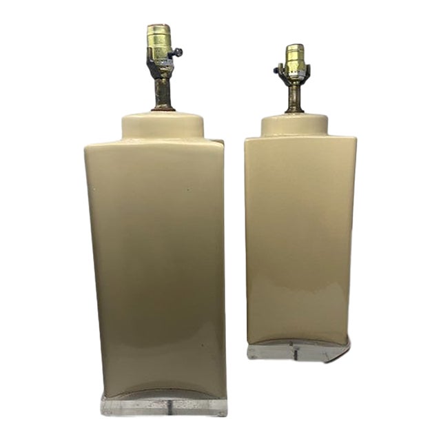 Pair of Architectural Table Lamps in Taupe Ceramic, Circa 1980s For Sale