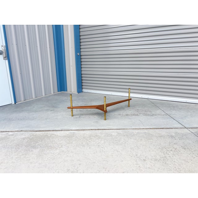 1960s Mid-Century Modern Freeform Glass Coffee Table With Walnut and Brass Base For Sale - Image 14 of 14
