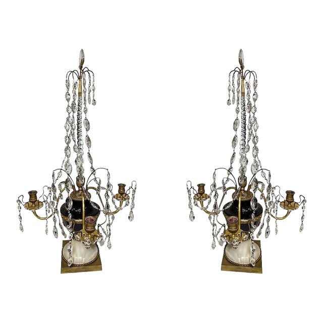 Russian Gilt Bronze Mounted Amethyst and Cut Glass White Marble Candelabra - a Pair For Sale