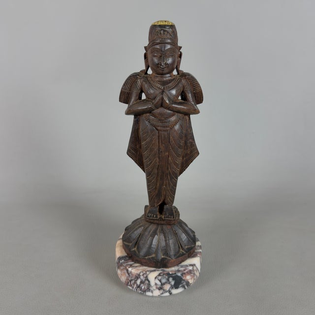 Wood Artigianale, Ancient Asian Statues Deities, 20th Century, Carved Wood and Marble, Set of 2 For Sale - Image 7 of 11