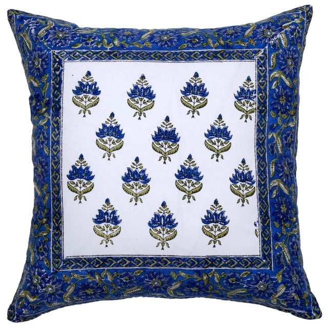 Contemporary Birds on Vine-Blossom Reversible Pillow Case - Blue, 18" x 18" For Sale - Image 3 of 3