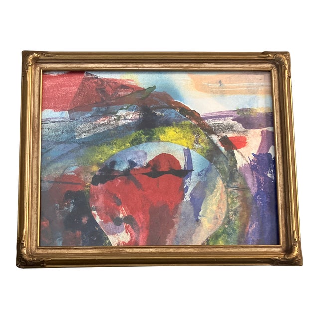 1970’s Vintage Small Abstract Watercolor Painting Art Deco Frame For Sale