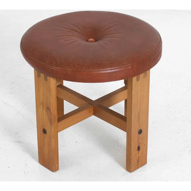 Mid-Century Modern Vintage Midcentury Modern Leather & Pine Stool Ottoman, in the Manner of Kai Kristianssen, Sweden, 1970s For Sale - Image 3 of 12