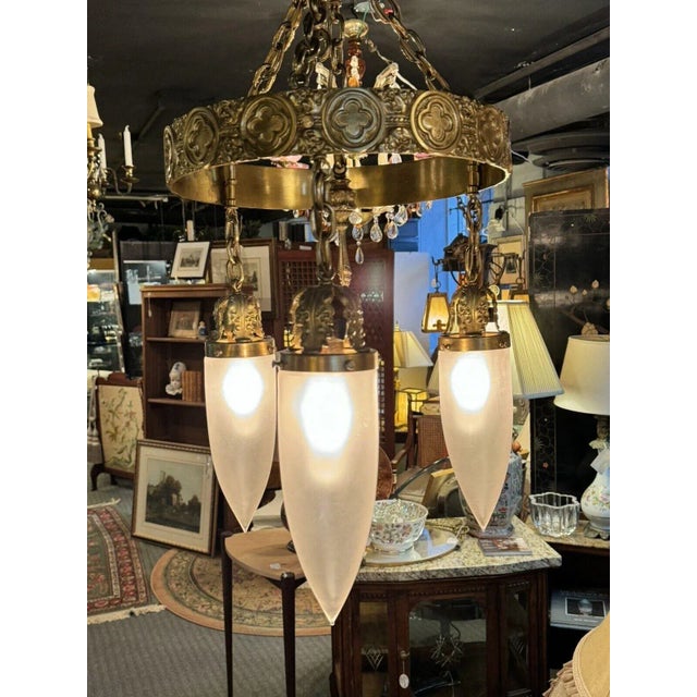 English Antique Brass Three Light Tudor Revival Quatrefoil Pattern Chandelier For Sale - Image 3 of 12