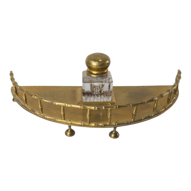 19th Century English Faux Bamboo Brass Inkwell Desk Set For Sale