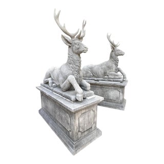 Pair of Large Carved Stone Stags on Pedestals From Italy For Sale