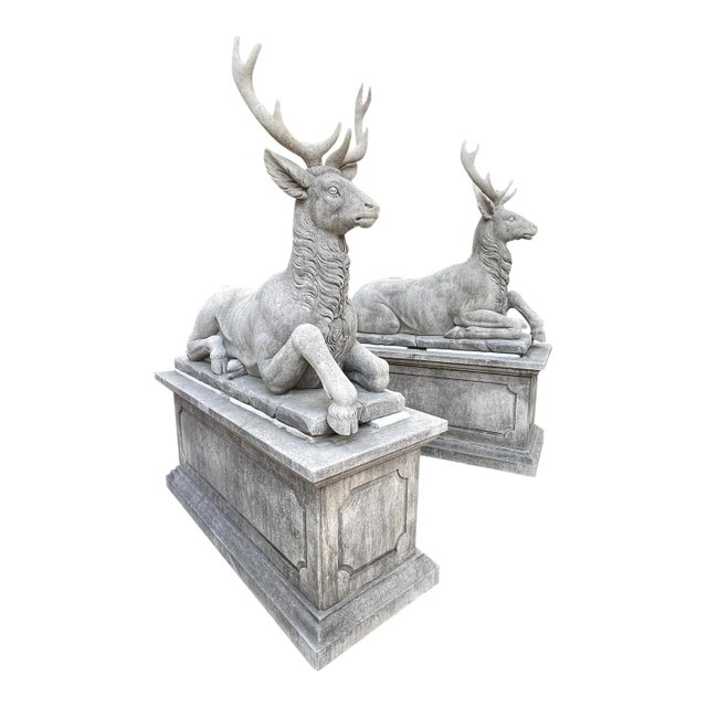 Pair of Large Carved Stone Stags on Pedestals From Italy For Sale