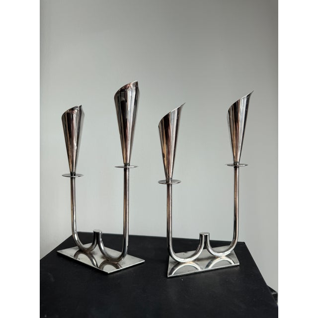 Mid-Century Modern Hans Jensen Calla Lily Double Candlesticks Pair in Silver Plated, 1960s For Sale - Image 3 of 6