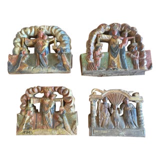 Wooden Tiles with Rural Scenes, Sicily, Italy, 1890s, Set of 4 For Sale