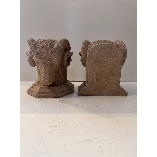 Sculpture Materials 1980s Pair Ram Head Bookends Faux Stone For Sale - Image 7 of 9