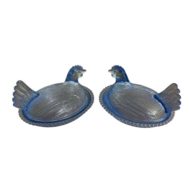 Glass 1970s A Pair of Indiana Glass Cornflower Blue Hen on a Nest Covered Dishes For Sale - Image 7 of 12