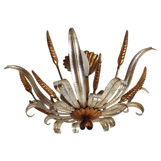 Hollywood Regency Flush Mount with Ears of Corn in Gold and Silver, 1970s For Sale - Image 13 of 13