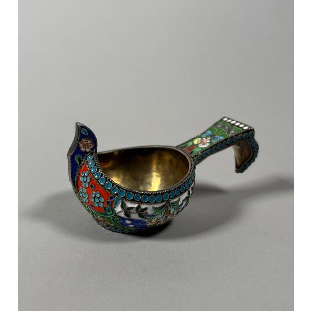 Vermeil silver and enamel kovsh, Russia, 19th century. Gilt silver hallmarked 84 zolotnik Moscow, and maker's mark "SD" in...