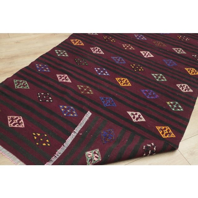 1970s Cabin Style Stripe Design Hand Knotted Oushak Natural Wool Kilim Rug For Sale - Image 12 of 13