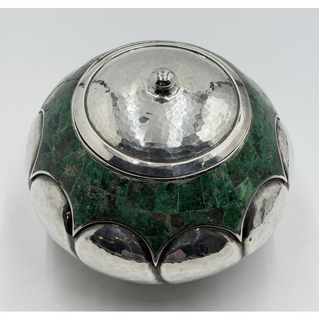 Los Castillo Mid 20th Century Los Castillo Taxco Malachite Silver Plate Lidded Bowl, Mexican Modernist Silver For Sale - Image 4 of 18