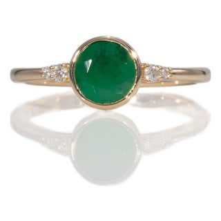 Zambian Emerald Ring With Earth-Mined Diamond Accents in Solid 14k Gold, 6mm, Size 6.75 For Sale