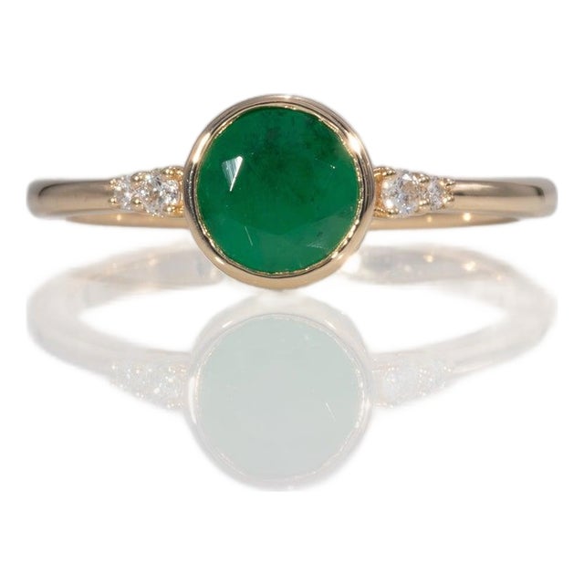 Zambian Emerald Ring With Earth-Mined Diamond Accents in Solid 14k Gold, 6mm, Size 6.75 For Sale