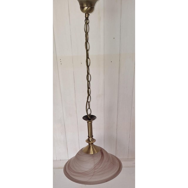 Vintage Ceiling Lamp with Pink Marbled Glass Shade on Patinated Brass Mount from Honsel, 2000s For Sale - Image 4 of 9