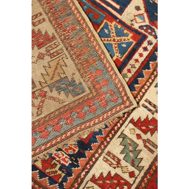Textile Antique Kazak Blue and Beige Geometric Wool Runner For Sale - Image 7 of 7