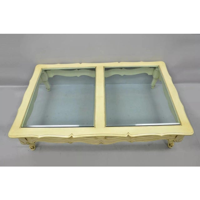 Vintage French Provincial Style Beveled Glass Cream Painted Large Coffee Table For Sale - Image 4 of 12