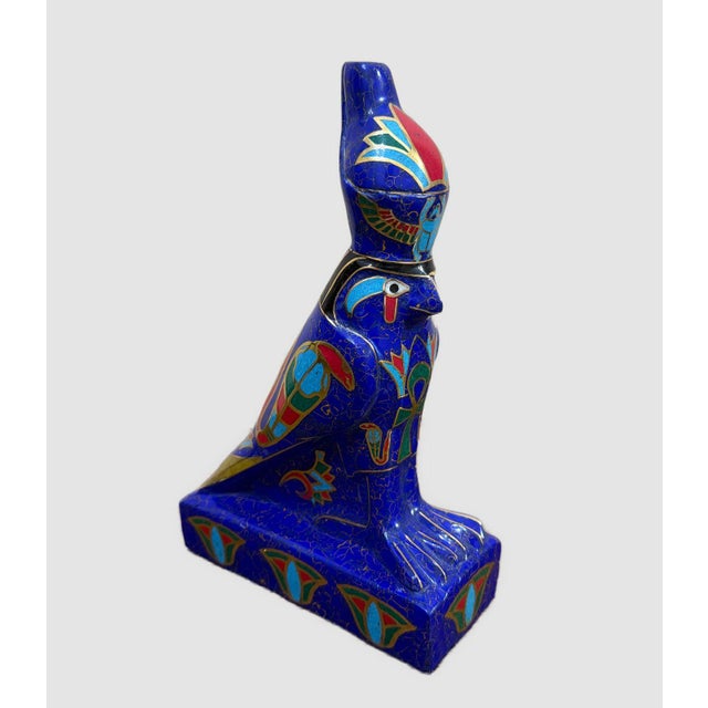 2020s Handmade Egyptian Horus Falcon Statue Inlaid With Lapis, Turquoise & Malachite – 12” For Sale - Image 5 of 7