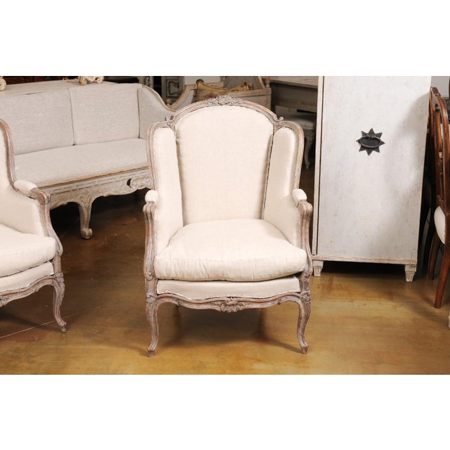 Ivory French Louis XV Style 1880s Painted Bergère Chairs with Carved Floral Motifs - A Pair For Sale - Image 8 of 12
